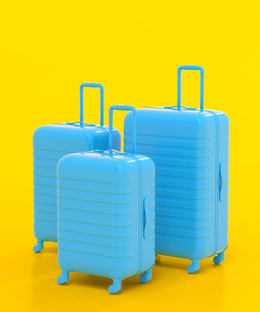 Colorful suitcase or baggage on monochrome yellow background. 3D render of summer vacation concept and holidays - Фото, изображение