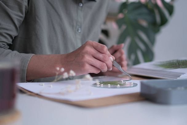 De vrouw repareert glazen borden. Een schilderstuk van gedroogde bloemen. Masterclass over het maken van frame met Herbarium in tiffany techniek in glas-in-lood. - Foto, afbeelding