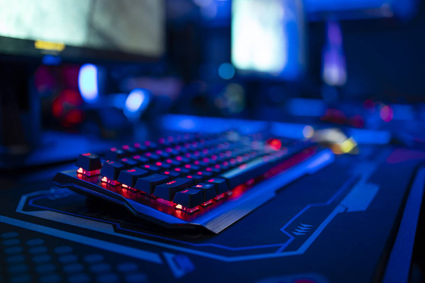 Close up view of keyboard in video game room. Entertaining industry. - Foto, imagen