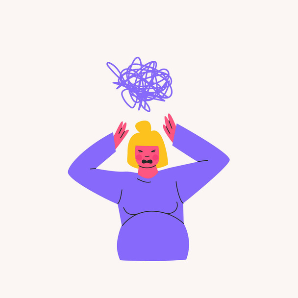 Mujer embarazada enojada grita, un enredo de pensamientos sobre su cabeza. Problemas asociados con la espera de un bebé. Ilustración de dibujos animados vectorial de color púrpura, amarillo, rosa. - Vector, Imagen