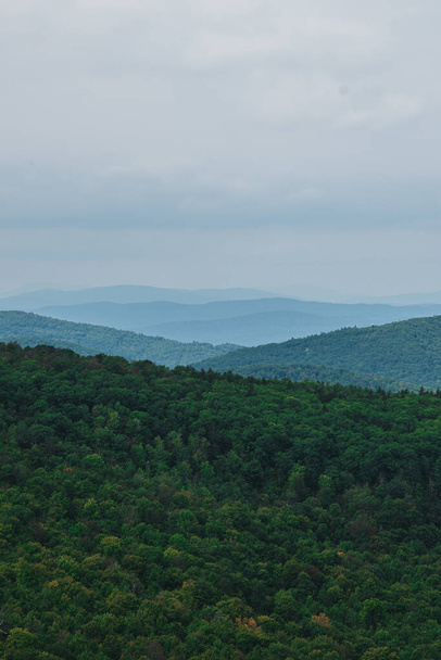 A vertical aerial view of an evergreen landscape on mountains in New Hampshire - Foto, imagen