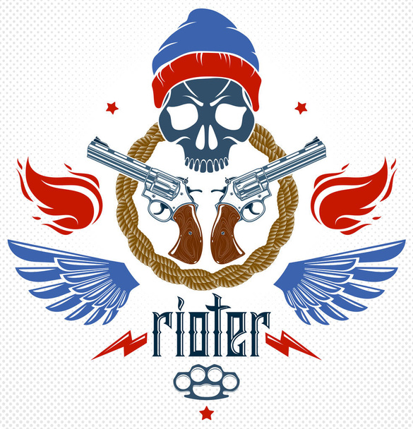 Anarchy and Chaos aggressive emblem or logo with aggressive skull, weapons and different design elements , vector vintage scull tattoo, rebel gangster criminal and revolutionary. - Vector, Imagen