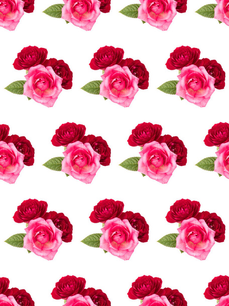 red and pink rose flower bouquet with green leaves isolated on white background cutout. Floral seamless pattern... - Fotografie, Obrázek