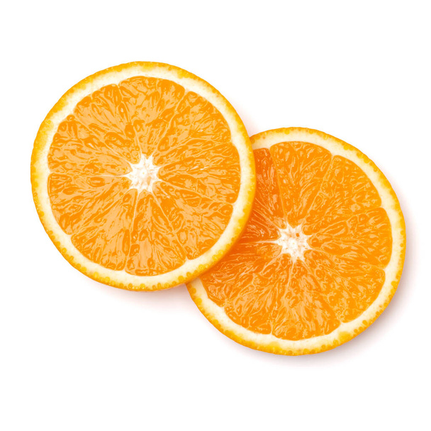 Orange fruit slice  isolated on white background closeup. Food background. Flat lay, top view. - Foto, imagen