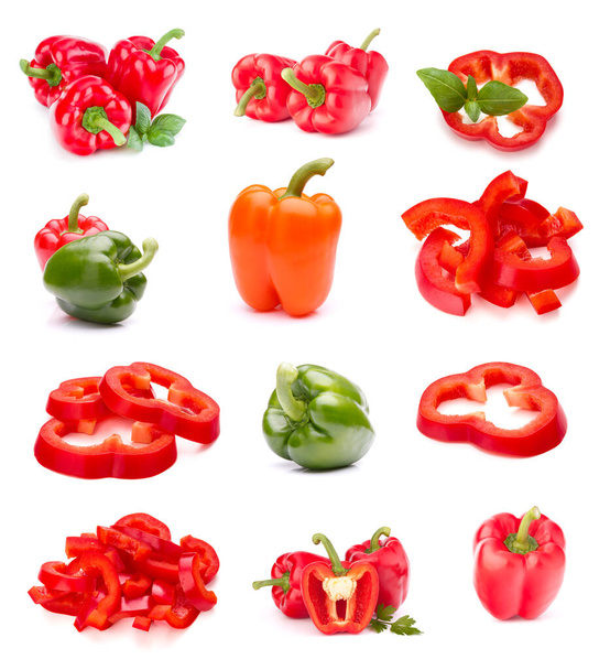 Sweet red pepper isolated on white background. Set of different composition of paprika. - Foto, immagini