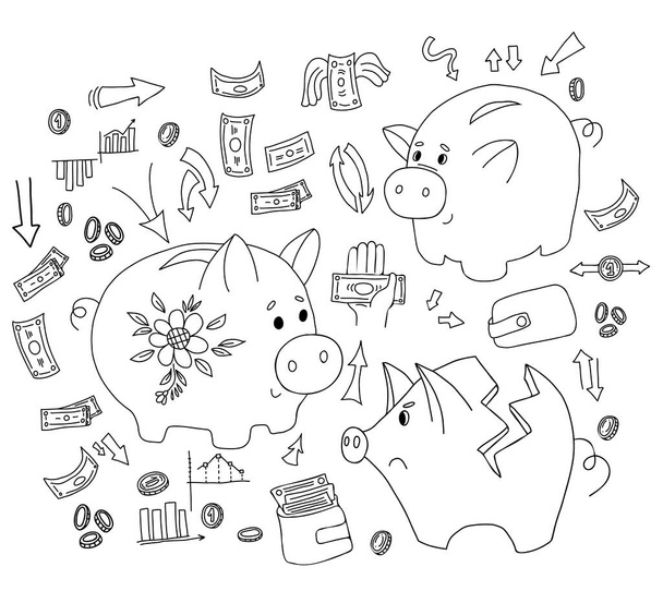 Pig piggy bank, banknotes and cash, money and coins, bank and income charts in style of linear doodles.Big set of business and finance elements. Vector illustration. Isolated elements For design - Vector, Image
