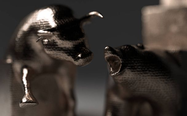 Статуетки бика і ведмедя з міді, що представляють економічні графіки вгору і вниз, що наближаються один до одного на тьмяно освітленому фоні 3D рендерингу
 - Фото, зображення