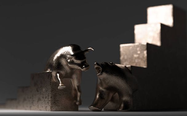 Statuette di toro e orso in rame raffiguranti grafici economici tendenti verso l'alto e verso il basso che si avvicinano su uno sfondo scarsamente illuminato - rendering 3D - Foto, immagini