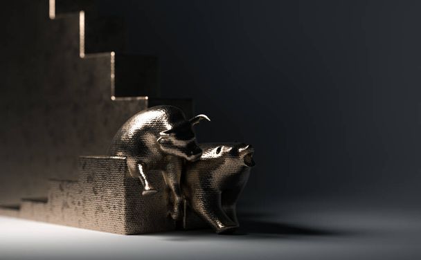 Estatuillas de toro y oso hechas de cobre que representan gráficos económicos de tendencia ascendente y descendente lado a lado sobre un fondo débilmente iluminado - 3D render - Foto, imagen