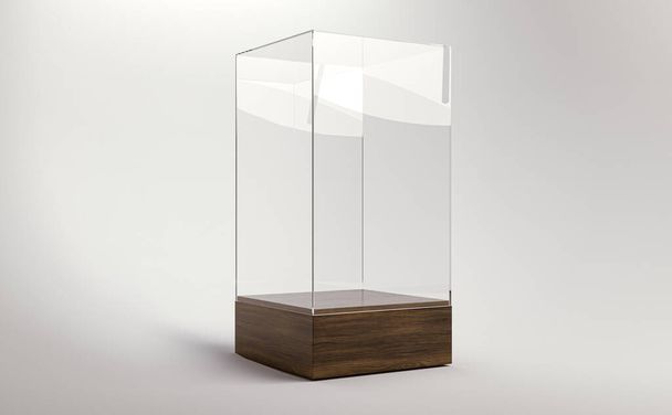 Una vitrina de vidrio cuadrada vacía con una base de madera sobre un fondo de estudio blanco aislado - 3D render - Foto, Imagen