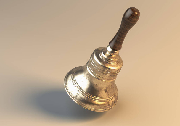 Egy régi bronz fém iskolai harang egy fából készült fogantyú lebeg egy elszigetelt háttér - 3D render - Fotó, kép