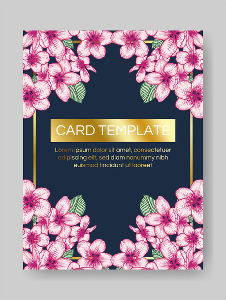 Vector botanical floral wedding invitation. Dark blue elegant card template with pink apple flowers and golden frame. Romantic design for greeting card, annivesary. - Vector, Imagen