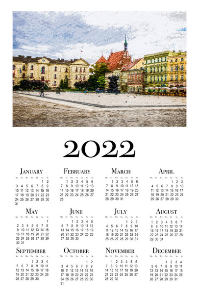 Календар на 2022 рік. Календар друку, тиждень починається в понеділок. Ілюстрація подорожі з Бидгоща (Польща) - Фото, зображення