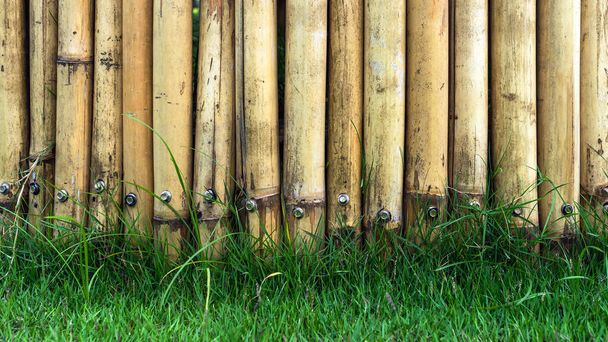 Vieux mur simple en bambou ton brun ou fond de texture de clôture en bambou pour le design extérieur ton vintage. Bambou brun motif bâton toile de fond. Zone locale protection de la maison urbaine contre le voleur. - Photo, image