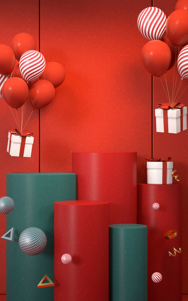 Bühne im chinesischen Stil und Luftballons, 3D-Darstellung. Digitale Computerzeichnung. - Foto, Bild