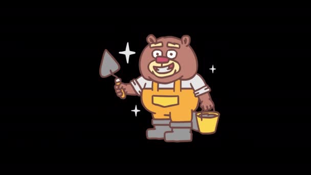 Stavitel bobrů drží lopatu a kbelík s cementem. Snímek po snímku animace. Alfa kanál. Animace smyčky - Záběry, video