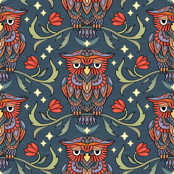 Ornate owl seamless pattern in Art Nouveau style. Line-art owl and flowers. - Vetor, Imagem