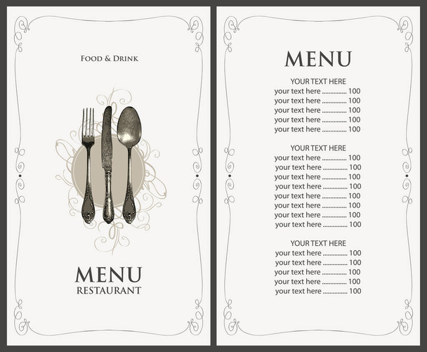 Vector menu for a restaurant with price list in retro style. Food and drink menu template decorated with an old beautiful realistic cutlery and inscriptions in a frame with curls on a light background - Διάνυσμα, εικόνα