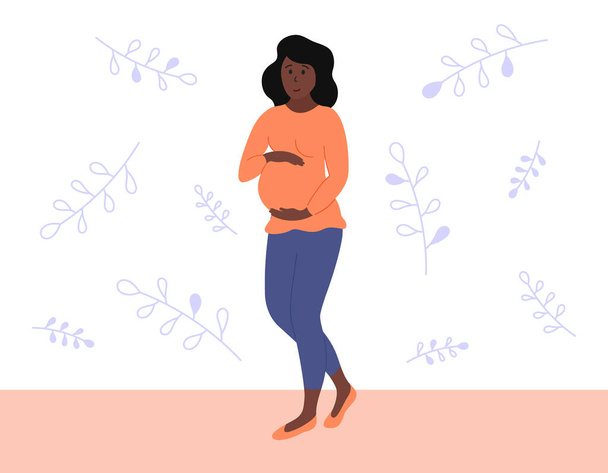 Pregnant woman stands full height, smiles and touches belly. Happy pregnancy concept. African american expectant mother walking. Vector flat illustration. - Vector, Image