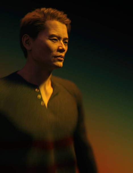 Shadowy retrato de un atlético hombre asiático en suéter gris. Renderizado 3D. - Foto, Imagen