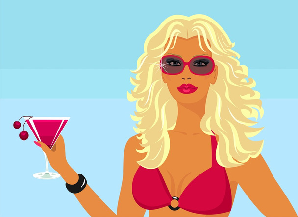 Girl with a cocktail on the beach. - Vector, imagen