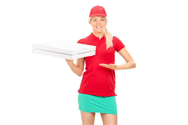 Pizza delivery girl holding boxes - Фото, зображення