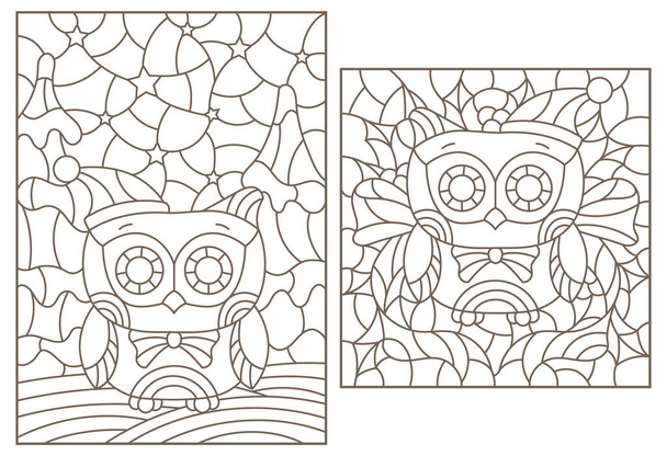 Набор контурных иллюстраций в стиле витража на тему новогодних праздников с милыми совами, темные контуры на белом фоне - Вектор,изображение