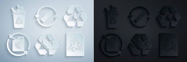 Set Reciclaje de botellas de plástico Reciclar símbolo y hoja Bio fuel canister Papel con línea de batería de reciclaje y bin icono. Vector. - Vector, Imagen