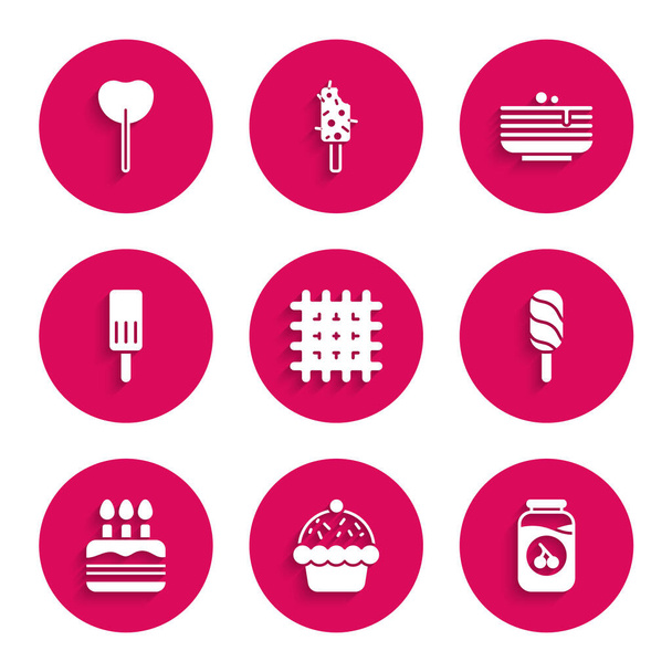 Set Crackerkekse, Cupcake, Kirschmarmeladenglas, Eis, Kuchen mit brennenden Kerzen, Stapel von Pfannkuchen und Lollipop-Symbol. Vektor - Vektor, Bild