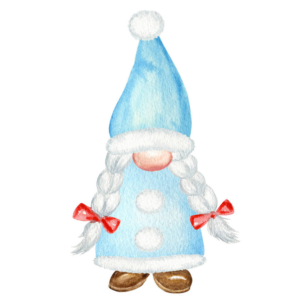 Acquerello gnomo di Natale, Babbo Natale blu ragazza Dipinta a mano Anno nuovo illustrazione isolata su sfondo bianco. Piccolo aiutante di Babbo Natale per il nuovo anno tag, pacchetto, carta, arredamento natalizio, poster - Foto, immagini