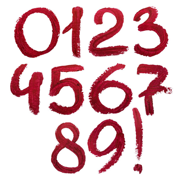 Lipstick-written numbers. Red numbers on white background. - Foto, Bild
