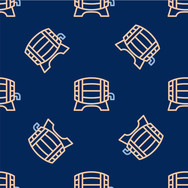 Čára Dřevěný sud na stojanu s ikonou stopcock izolované bezešvé vzor na modrém pozadí. Vektor - Vektor, obrázek