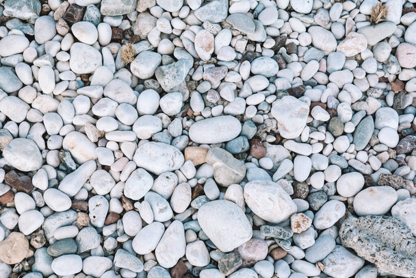 Zeekeien op het strand. Een close-up schot. Kleine en grote ronde gladde stenen. Textuur van het strand kiezelstenen voor een post, screensaver, behang, ansichtkaart, poster, banner, omslag, header voor een website - Foto, afbeelding
