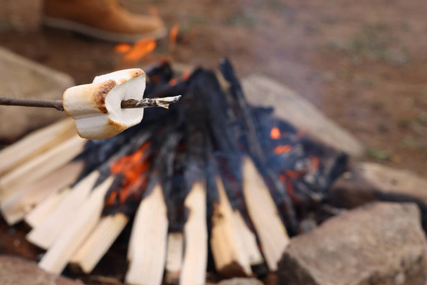 Delicious marshmallow roasting over campfire, closeup. Space for text - Fotoğraf, Görsel