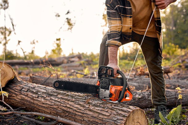 Cropped lumberjack turn on the Chainsaw for cutting wood. Man cutting wood with saw - Zdjęcie, obraz