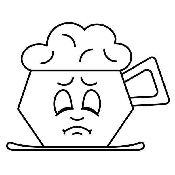 Mug for tea, coffee, milk. Hot drink with foam. Sadness, melancholy, a face with emotion. Vector icon, outline, isolated. - Vector, Image