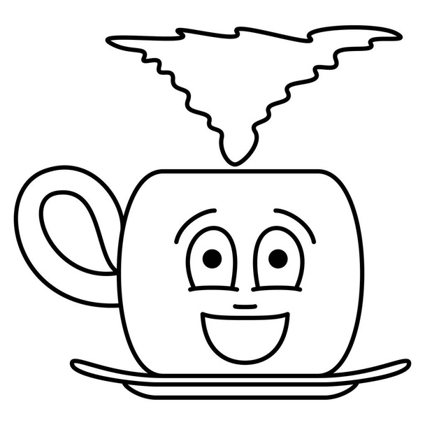 Eine Tasse mit einem Heißgetränk mit einem Gesicht voller Emotionen. Ein Becher auf einer Untertasse für Kaffee, Tee, Milch, Schokolade. Vektor-Symbol, Umriss, isoliert. - Vektor, Bild