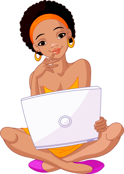 Jeune femme africaine assise sur un coussin avec ordinateur portable
 - Vecteur, image