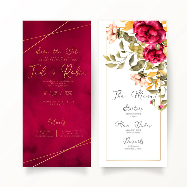 floral vermelho convite de casamento menu modelo design vetor ilustração - Vetor, Imagem