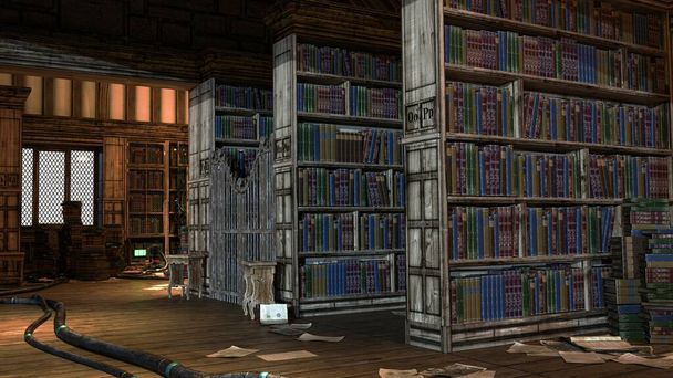 Akademi Binası Kütüphanesi Fantezi Mimarisi, 3D illüstrasyon, 3D canlandırma - Fotoğraf, Görsel