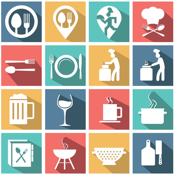 Плоская современная еда и набор икон приготовления пищи
 - Вектор,изображение