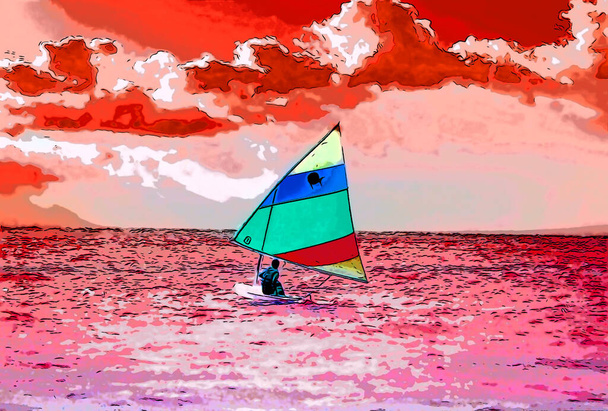 PLAYA DEL CARMEN MESSICO - 11 10 2003: Segno barca a vela illustrazione pop-art icona di sfondo con macchie di colore - Foto, immagini