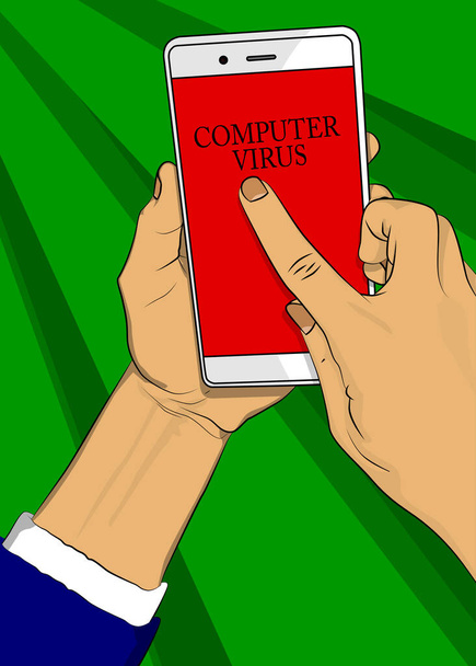 Texto del virus informático en la pantalla del teléfono inteligente. Vector de dibujos animados ilustrado teléfono móvil. - Vector, imagen