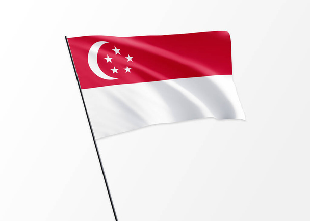Singapur flaga powiewa wysoko w odosobnionym tle Dzień niepodległości Singapuru - Zdjęcie, obraz