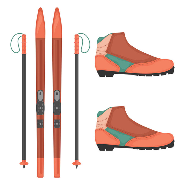 Sports winter set with the image of cross-country skis, ski boots. Sports equipment for competitions and outdoor activities. Vector illustration isolated on a white background. - Вектор, зображення
