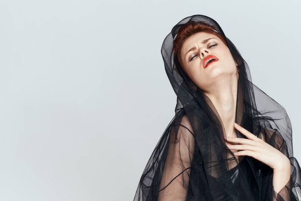 woman with black veil dress posing elegant style - Zdjęcie, obraz