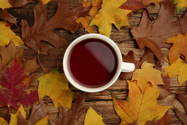 Чашка гарячого чаю і осіннє листя на дерев'яному столі, плоска
 - Фото, зображення