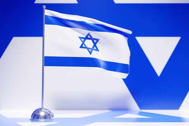 Ilustración 3D de la bandera nacional de Israel en un asta de la bandera de metal ondeando.. - Foto, Imagen