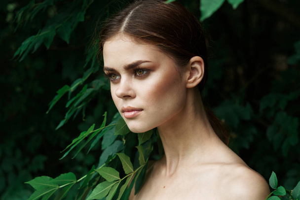 attractive woman green leaves clean skin nature summer close-up - Photo, Image
