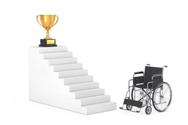 Concepto de ganador. Silla de ruedas cerca de Target Stairs con trofeo Golden Award sobre fondo blanco. Renderizado 3d  - Foto, Imagen